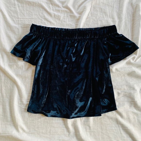 Navy Velvet Off the Shoulder Top - Picture 2 of 6